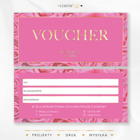 Różowy elegancki voucher podarunkowy ze złotą czcionką