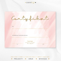 Złocony projekt certyfikatu na delikatnym różowym  tle