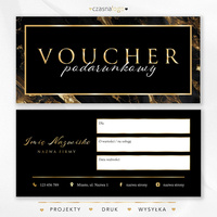 Projekt złoconego vouchera podarunkowego na czarnym marmurowym tle