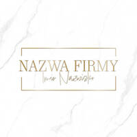 Złocony projekt logo w kwadratowej ramce i pisaną czcionką na białym marmurowym tle