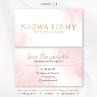 Projekt biało różowej wizytówki ze złotą czcionką
