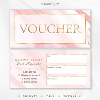 Projekt złoconego vouchera podarunkowego różowym cukierkowym tle