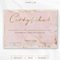 Złocony projekt certyfikatu na eleganckim różowym marmurowym