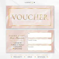 Elegancki projekt złoconego vouchera podarunkowego na beżowym tle