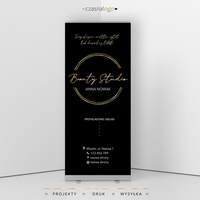 Projekt ścianki roll up z dużym logo firmy i informacjami