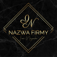 Złote logo w asymetrycznych ramkach z inicjałami. Projekt logo z ozdobną czcionką. Elegancki logotyp na czarnym, marmurowym tle