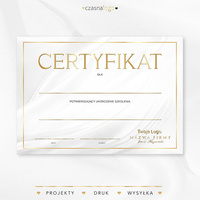 Złocony projekt certyfikatu na białym satynowym tle
