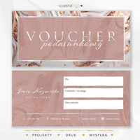 Projekt vouchera podarunkowego ze srebrną czcionką i różowym tle