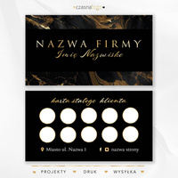 Elegancki projekt karty stałego klienta ze złotą czcionką i marmurowym czarnym tle