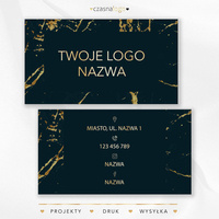 Projekt wizytówki ze złotymi literami i czarnym marmurowym tle