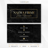 Elegancka wizytówka ze złotą czcionką na marmurowym czarnym tle