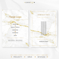 Złocony projekt ulotki na białym marmurowym tle