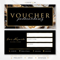 Projekt vouchera podarunkowego ze złotą czcionką na czarnym marmurowym tle