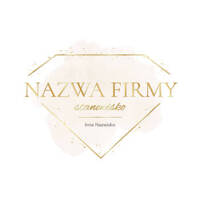 Złocony projekt logo na beżowym akwarelowym tle z diamentem i pyłkiem