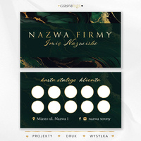 Elegancki projekt karty stałego klienta ze złotą czcionką na marmurowym tle butelkowa zieleń