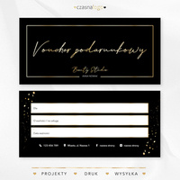 Projekt złoconego vouchera podarunkowego na czarnym tle