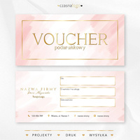 Projekt złoconego vouchera podarunkowego na delikatnym różowym tle