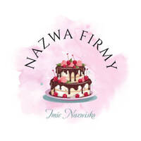 Ozdobny projekt logo z dużym tortem na różowym akwarelowym tle