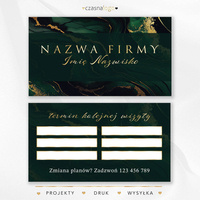 Projekt terminarzyka wizyt ze złotą czcionką na marmurowym tle butelkowa zieleń