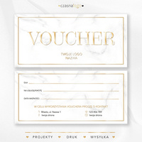 Elegancki biały projekt voucher podarunkowy ze złotym glamour i marmurem