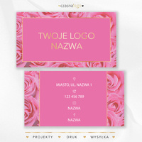Kobiecy projekt wizytówki w różowe róże i złotą czcionką