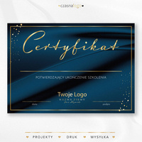 Złocony projekt certyfikatu na eleganckim satynowym niebieskim tle