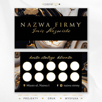 Elegancki projekt karty stałego klienta ze złotą czcionką i czarno białym tle