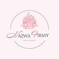 Różowy projekt logo z tortem w stylu line art i ozdobną czcionką z inicjałami