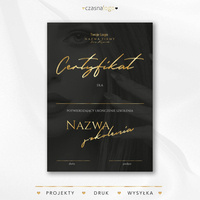 Złocony projekt certyfikatu z ozdobną czcionką na czarnym tle