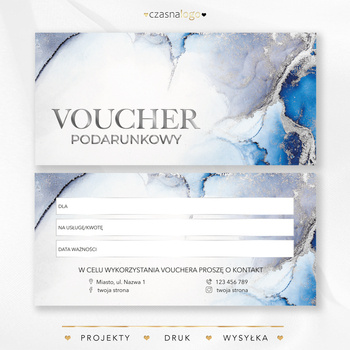 Akwarelowy voucher podarunkowy ze srebrną czcionką i niebieskimi dodatkami