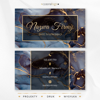 Atramentowy wzór wizytówki na niebieskim tle z dodatkiem złota