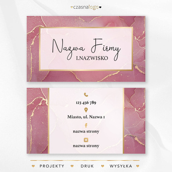Atramentowy wzór wizytówki na różowym tle z dodatkiem złota