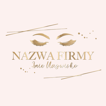 Bajkowy złocony projekt logo z rzęsami i brwiami na bladoróżowym tle