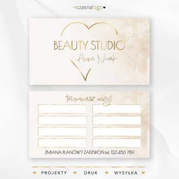 Boho projekt terminarzyka wizyt ze złotymi dodatkami i beżowym tle