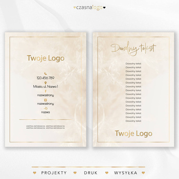 Boho projekt ulotki z klasyczną czcionką i złotymi dodatkami na beżowym tle