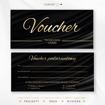 Czarny, elegancki projekt voucher podarunkowy ze złotą czcionką
