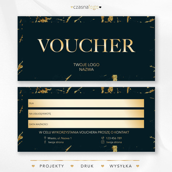 Czarny elegancki voucher podarunkowy ze złotą czcionką