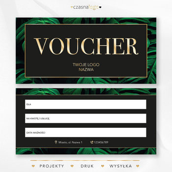 Czarny projekt voucher podarunkowy z zielonymi liściami, złote elementy