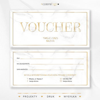 Elegancki biały projekt voucher podarunkowy ze złotym glamour i marmurem