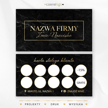 Elegancki projekt karty stałego klienta ze złotą czcionką i czarnym tle