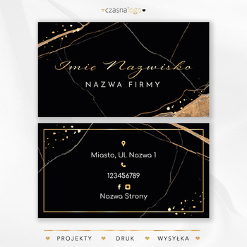 Elegancki projekt wizytówki na czarnym marmurowym tle ze złotymi dodatkami