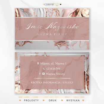 Elegancki projekt wizytówki na różowym marmurowym tle i srebrnymi dodatkami