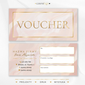 Elegancki projekt złoconego vouchera podarunkowego na beżowym tle