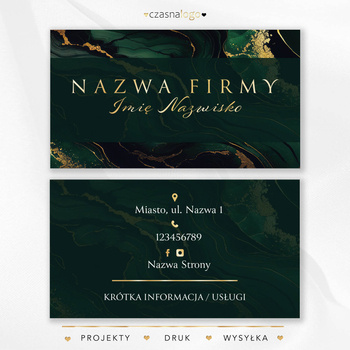 Elegancki projekt złoconej wizytówki na marmurowym tle butelkowa zieleń