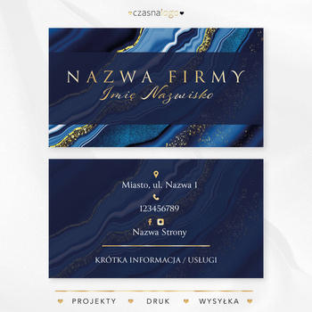 Elegancki projekt złoconej wizytówki na niebieskim marmurowym tle