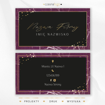 Fantazyjny projekt wizytówki ze złotą czcionką i czarno fioletowym tle