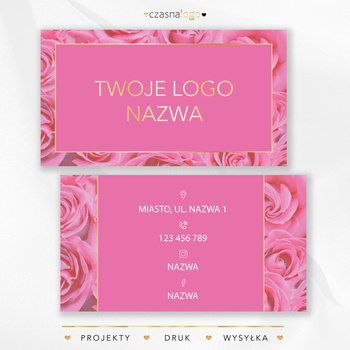 Kobiecy projekt wizytówki w różowe róże i złotą czcionką