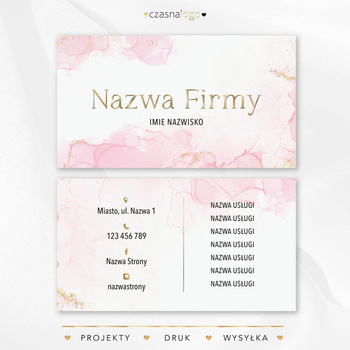 Kobiecy projekt złoconej wizytówki na różowym akwarelowym tle