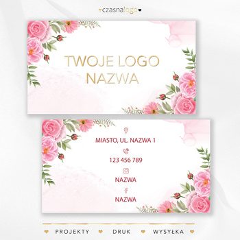 Kwiatowy projekt wizytówki ze złotymi i różowymi dodatkami