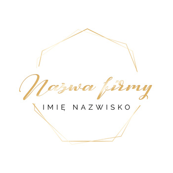 Logo na białym tle ze złotą, ozdobną czcionką i heksagonem